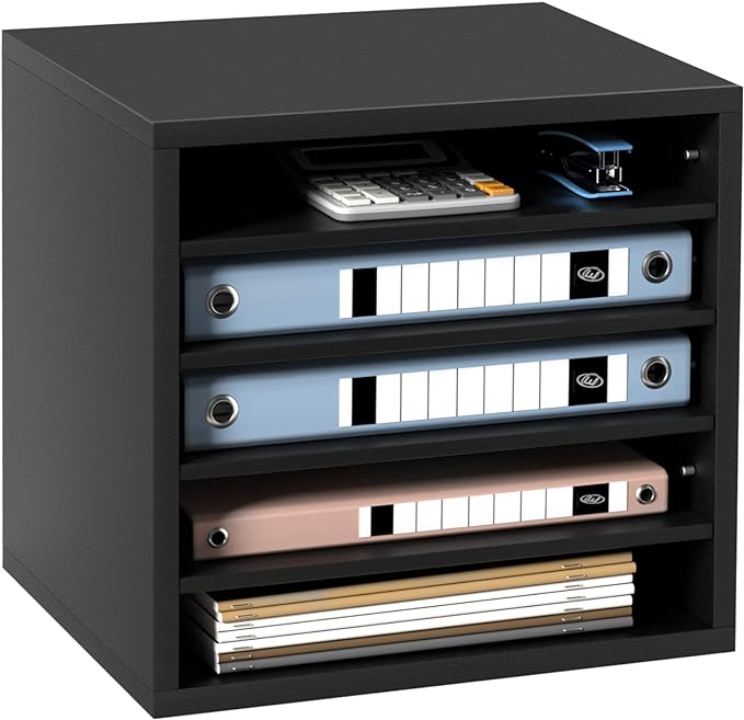 VEVOR Literature Organizers, 5 Compartments Office Mailbox with Adjustable Shelves, Wood Literature Sorter 13.9x12x13 inches for Office, Home, Classroom, Mailrooms Organization, EPA Certified, Black