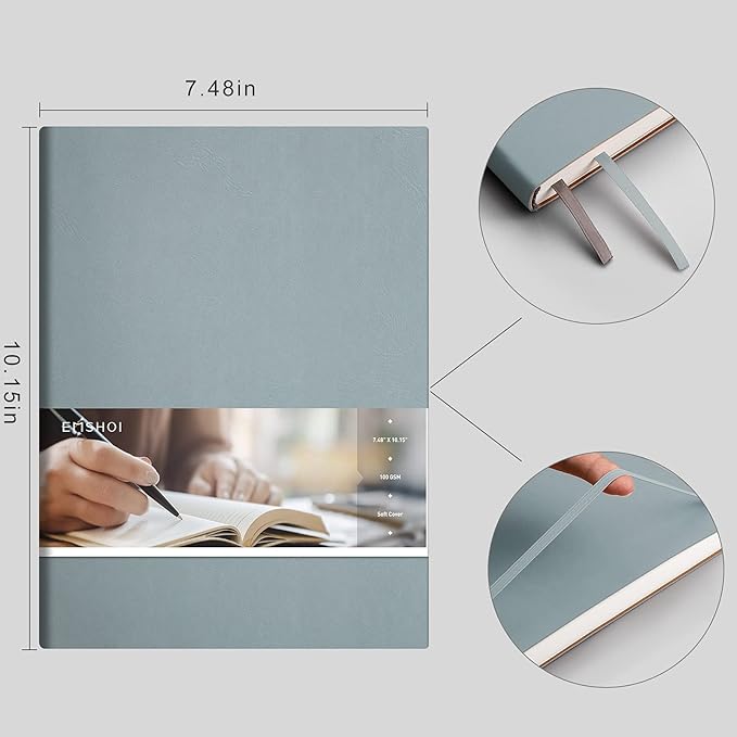 EMSHOI Dotted Journal Bullet Notebook, B5 Large Softcover Leather Journal, 192 Numbered Pages 100gsm Thick Dot Grid Notebook for Drawing Women Men Work School Supplies, 7.48"x10.15"-GrayBlue