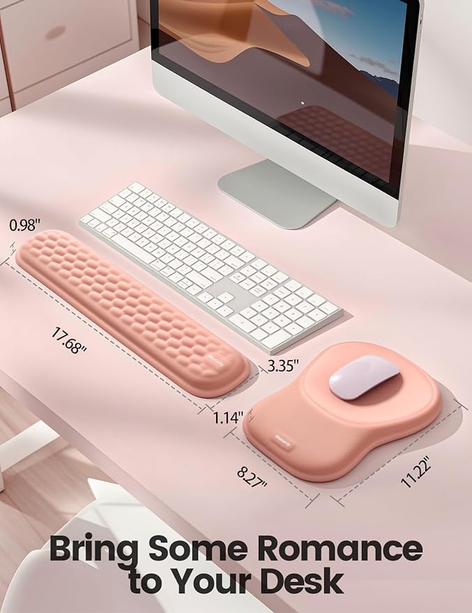 Meatanty Keyboard and Mouse Wrist Rest Set, Ergonomic Wrist Pad Support, Computer Hand Palm Rest Combo, Memory Foam Typing Desk Accessory Carpal Tunnel Cushion, Laptop Office Home School Women-Pink