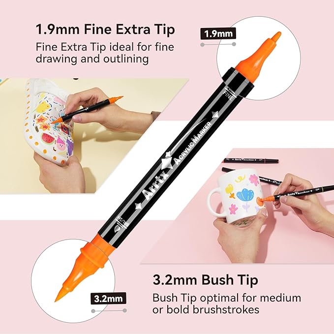 Arrtx Acrylic Paint Markers 64 Colors, Dual Tip Acrylic Paint Pens with Fine Tip and Brush Tip, Art Supplies for Rock Painting, Wood, Ceramic, Fabric, Glass, Card Making, DIY Crafts