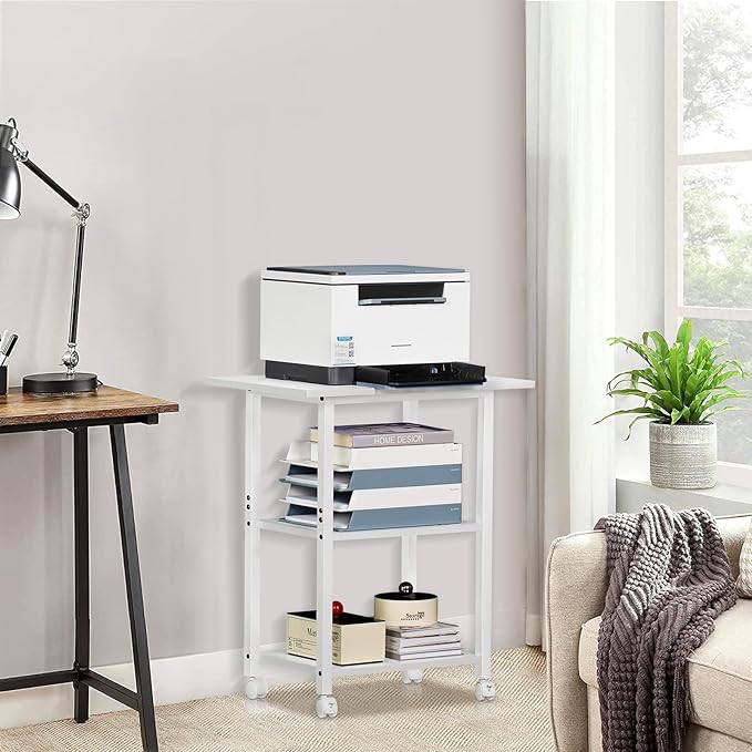 Lerliuo 3-Tier Printer Stand, Industrial Mobile Printer Table with Storage Shelf and Steel Frame, Rolling Printer Cart Holder with Lockable Wheels for Home, Office (White)