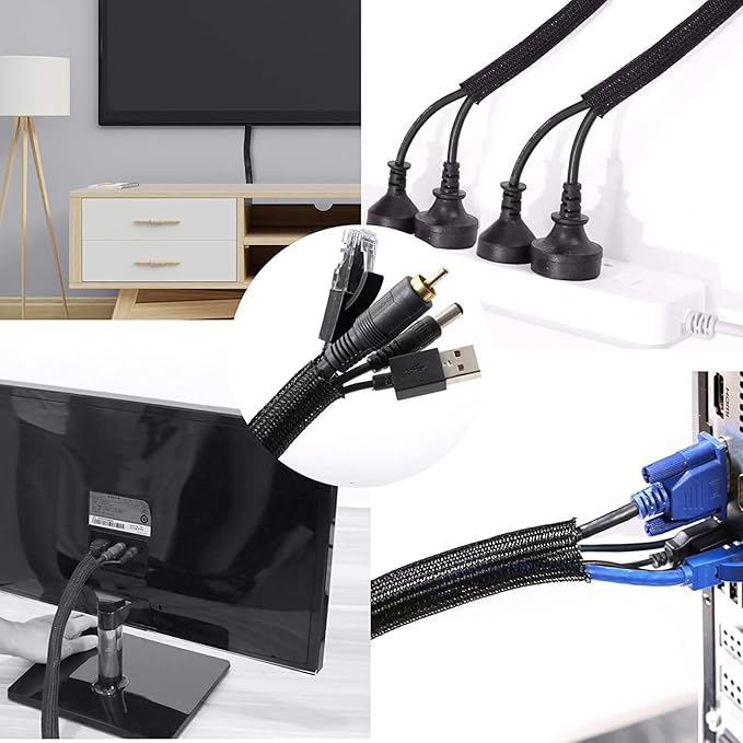 QCSIW 3/8" 50ft Braided Cable Sleeve Split Wire Loom Tubing – Expandable Cord Protector for USB, Power Cords, Audio/Video Cables – Cat Chew Proof, Durable Wire Management Sleeving (Black)