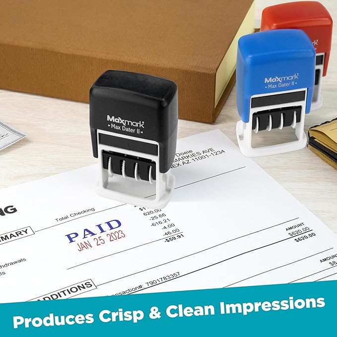 MaxMark Self-Inking Rubber Date Office Stamp with Scanned Phrase & Date - Blue Ink (Max Dater II), 12-Year Band