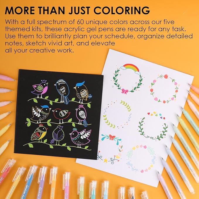 Grabie 12Colors Acrylic Gel Pens&Coloring Book, Medium Point Colored Gel Pens, Acrylic Gel Ink Pen Assorted Colored for Drawing, Note Taking, Bold&Bright Coloring Kit, Set of 12 (Essential Colors)