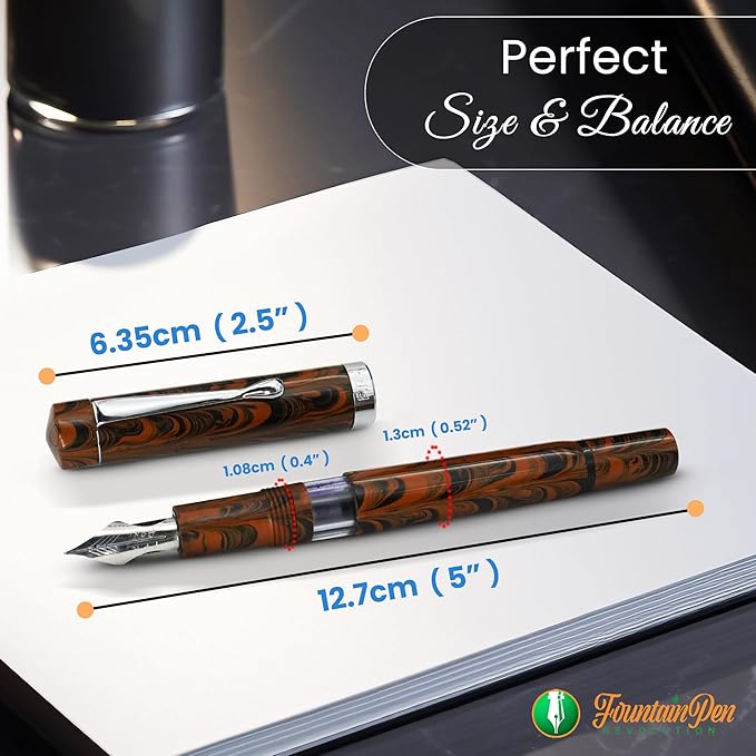 Jaipur V2 Piston Filled Refillable Fountain Pen - Brown Ultra Flex Cursive Pen w/Stainless Steel Nib - Luxury Pens w/Acrylic Body & Ebonite Feed - Fountain Pens for Journaling & Calligraphy
