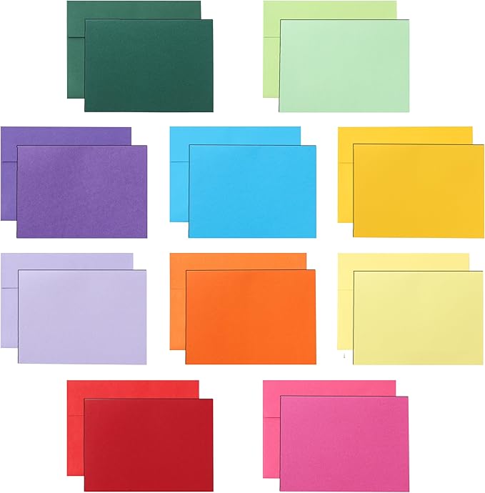 Silunkia 10 Assorted Colors Blank Flat Cards and Envelopes 5 x 7 Heavyweight Single Panel Cardstock and A7 Envelopes Printable Self Seal 20 Packs for Wedding Invitations, Birthday, DIY Greeting Cards