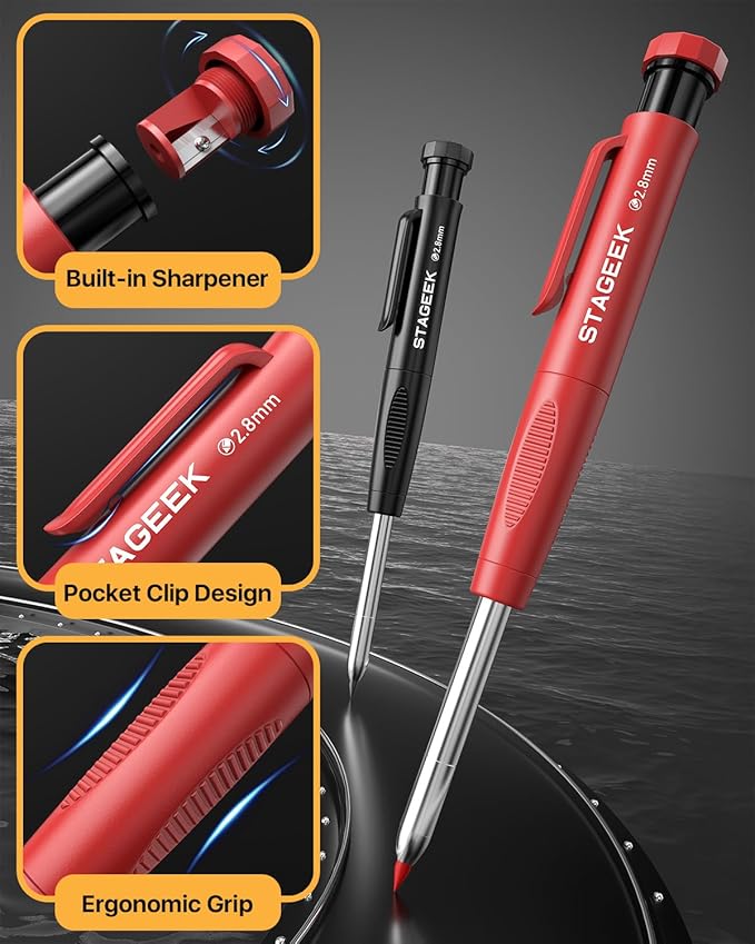 STAGEEK 4PCS Carpenter Pencils with Sharpener, Heavy Duty Woodworking Pencils, Mechanical Carpenter Pencil with 52 Refills, Deep Hole Long Nib Marker Pens for Architect Construction Marking with Case