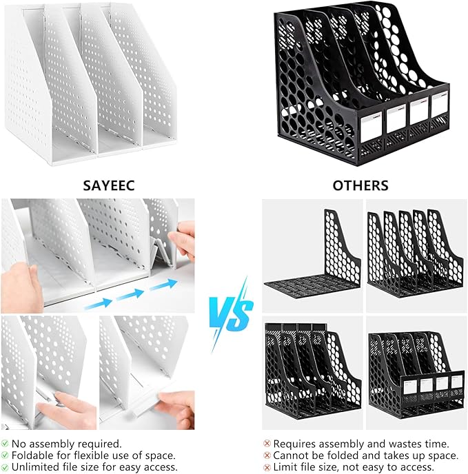 SAYEEC 1Pcs Collapsible Plastic Magazine File Holder Vertical Binder Storage Organizer for Desk Sturdy Upright Desktop Magazine Organizer Folder Rack for Office School Home (3 Compartments, Gray)