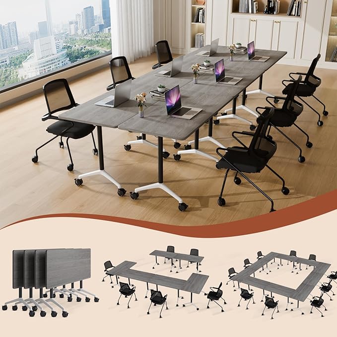 Folding Conference Table 4ft 5ft, Foldable Office Meeting Desk for 6 People, Multiple Sizes Colors Mobile Conference Room Table for Training Room School Business Furniture (6, Grey, 63in)