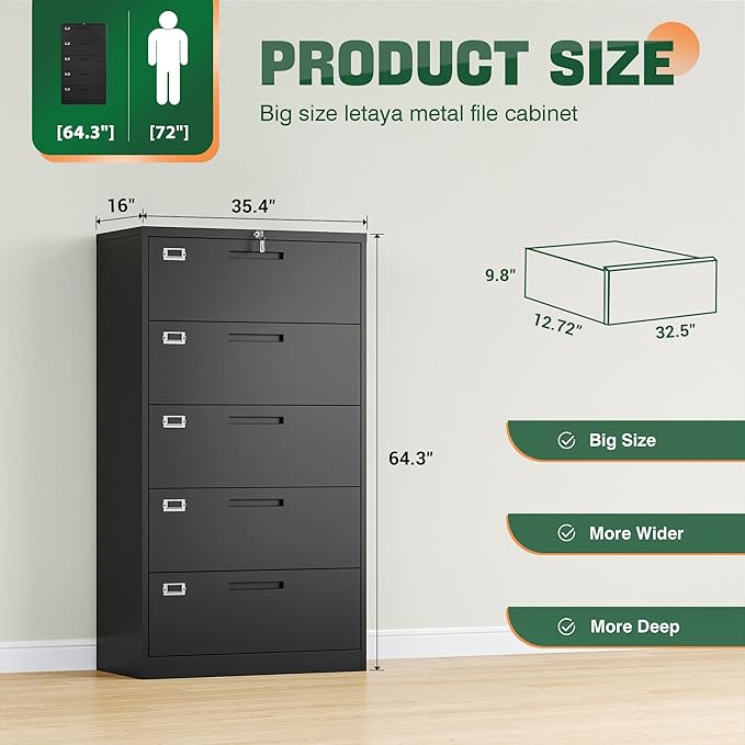 Letaya 5 Drawer File Cabinet with Lock,Metal Lateral Filing Cabinets for Home Office Hanging Files Letter/Legal/F4/A4 Size(Black-Requires Installation)