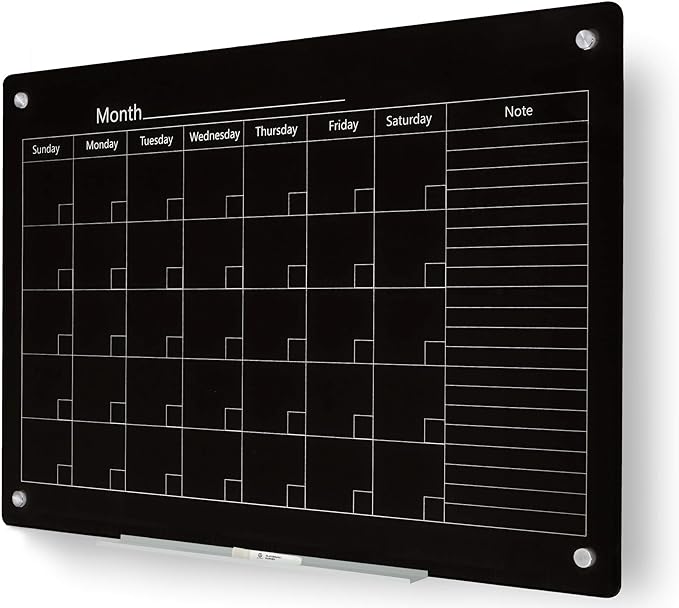 J&J worldwide Magnetic Whiteboard Calendar, 47 x 35 Black Glass Wall Calendar Dry Erase Board Monthly Planner for Home, School, Office, Frameless, with Markers, Marker Tray, Eraser, Magnets