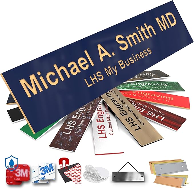 Engraved Custom Door Plate Navy Blue Plastic Office Door Sign with Gold Letters - Made in USA 2x8 B10