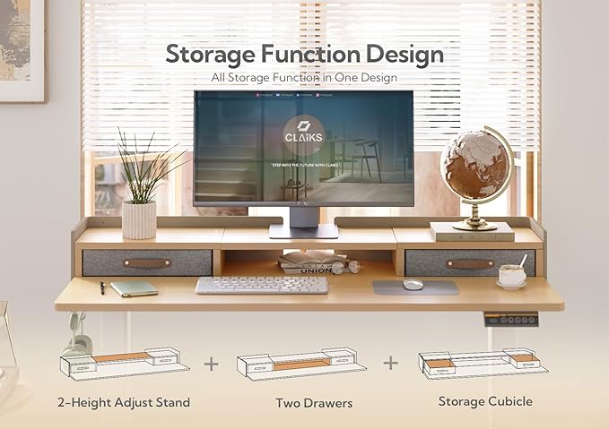 Claiks Standing Desk with Drawers, Stand Up Electric Standing Desk Adjustable Height, Sit Stand Desk with Storage Shelf and Splice Board, 55 Inch, Natural