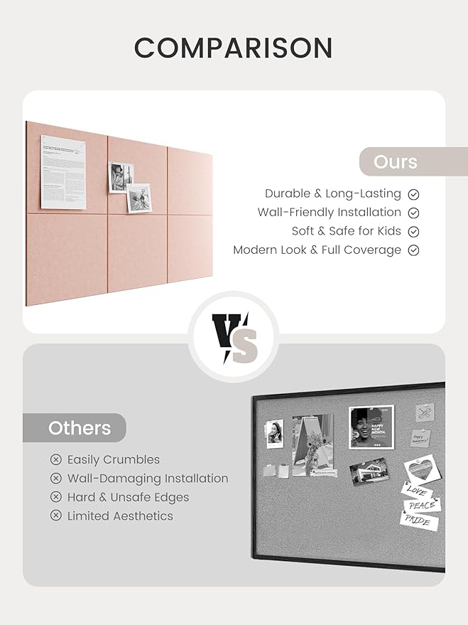 Bumusty Large Cork Board 36"x24" Alternative - 6 Pack Felt Wall Tiles with 40 Safe Removable Adhesive Tabs, 30 Pushpins, Cork Boards for Walls Pin Board Bulletin Board Office Decor (Pink)