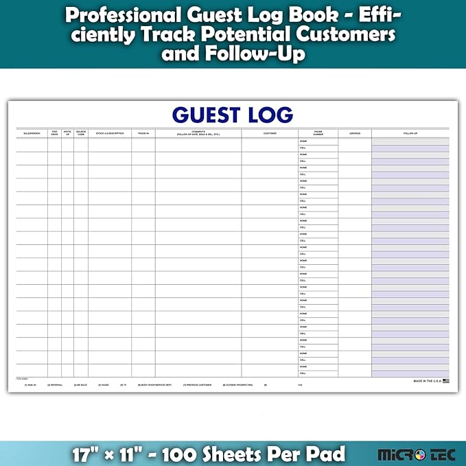 Guest Log Book for Automotive Dealerships – Customer Sign-in Tracking Log – 17" × 11" Visitor Registration Book – 100-Sheet Pad for Auto Service Centers, Repair Shops, Lead Management - 4 Pad