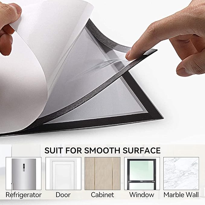 JIUYE 8.5x11 Magnetic Sign Holder Wall Mount,Self-Adhesive Plastic Display Frames,Clear PVC Sign Holder with Magnet Strip Border for Window/Door/Fridge/Document Notice Paper(12Pcs,Black)