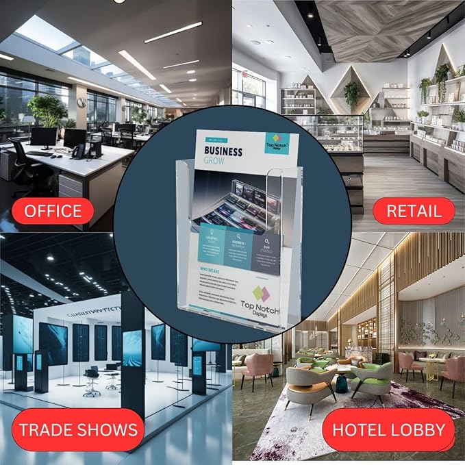 Top Notch Displays Acrylic Brochure Holder for Wall Mounting, Clear Display for 8.5" x 11" Flyers, Literature Holder for Magazines, Pamphlets, Menus, Includes Screws & Plastic Anchors – Pack of 4