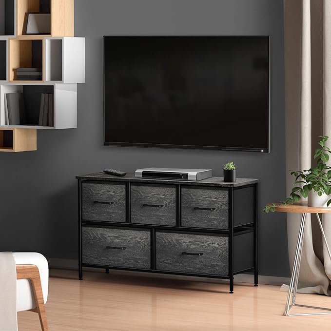 Sorbus Dresser with 5 Faux Wood Drawers - Wide Storage Unit Chest Organizer for Clothes - Bedroom, Living Room, Closet, & Dorm TV Stand Furniture - Steel Frame, Wood Top, & Easy Pull Fabric Bins