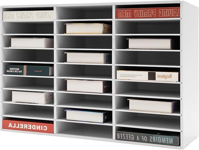 27 Slots Mail Sorters for Office, PVC Literature Organizer with Removable Shelves, Door-Less Mail Center Paper Storage Cabinet for Files Magazines Documents, 9.8 * 2.2in Each Slot (27 Slots - White)