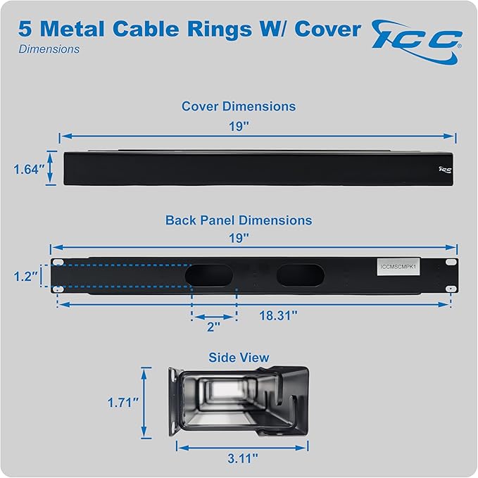 ICC 1U Ring Cable Manager Panel with Cover, Metal, 3" D-Rings, Horizontal Cable Management, Rackmount for 19” Network Racks, Black, 6-Pack