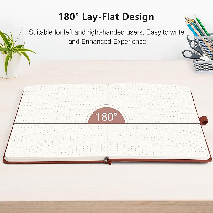 RETTACY Bullet Dotted Journal Notebook, 256 Pages, A5 Medium Size (5.7'' × 8.3''), Leather Hardcover, 120 GSM Thick Paper, for Bullet Journaling, Planning, Tracking (Brown)