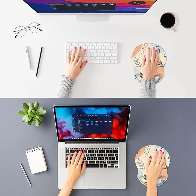 ITNRSIIET Ergonomic Mouse Pad with Comfort Gel Wrist Rest, Non-Slip PU Base, Smooth Textured Surface, Reduces Hand Fatigue & Wrist Pain, 8.7 x 7.2 Inch for Office Gaming Home, VividFoliage