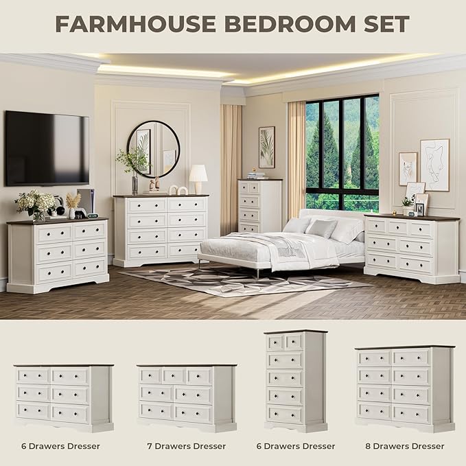 VVFLU Farmhouse 6 Drawer Dresser for Bedroom, 54" Wide Wood Dresser with Natural Texture, Rustic Chest of Drawers for Bedroom with Vintage Metal Hands, for Living Room, Hallway, Antique White