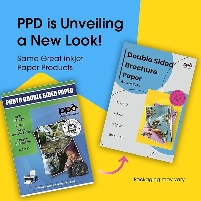 PPD Double Sided Photo Paper, Glossy Brochure Paper 8.5 x 11 for Inkjet Printer, 140 gsm, 6.2 mil Thick for Magazine, Flyer, Presentation, Program, Instant Dry & Water Resistant (50 Sheets)