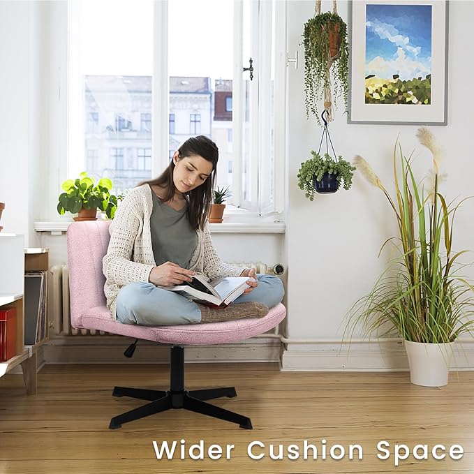PUKAMI Criss Cross Chair,Armless Cross Legged Office Desk Chair No Wheels,Fabric Padded Modern Swivel Height Adjustable Mid Back Wide Seat Computer Task Vanity Chair for Home Office(Pink)