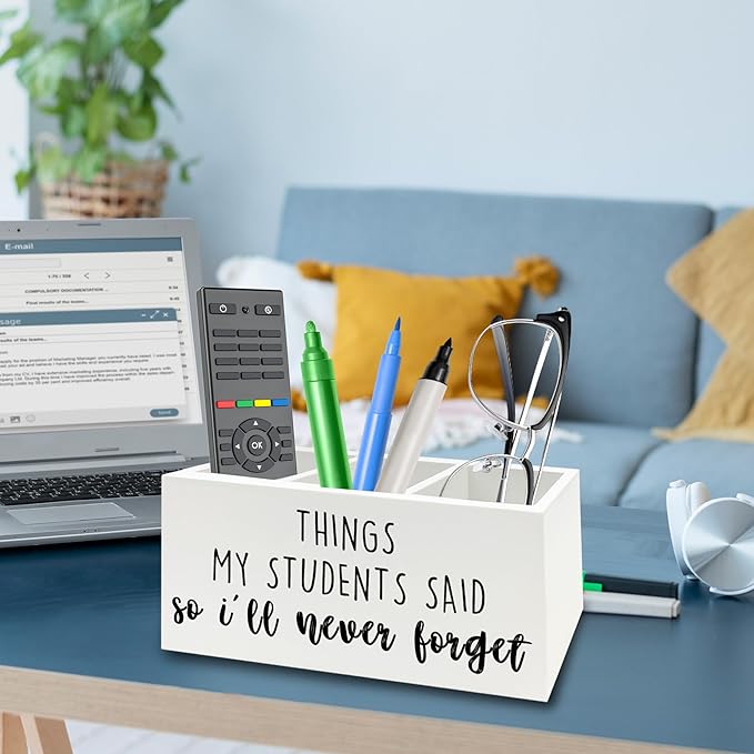 QZQE Teacher Gifts Pen Pencil Holder Organizer for Desk, Things My Students Said So I'll Never Forget Wooden Box Signs Decorations for Home Office Desk Tabletop, Teacher Appreciation Gifts