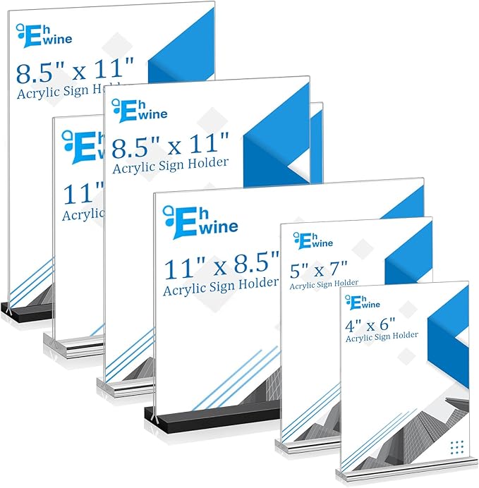 EHWINE 6 Pack Acrylic Sign Holders - 8.5 x 11, Double-Sided Stand Up Table Top Sign Holders, Clear Acrylic Picture Frame Menu Flyer Paper Display Stand for Office Business Store Wedding Party