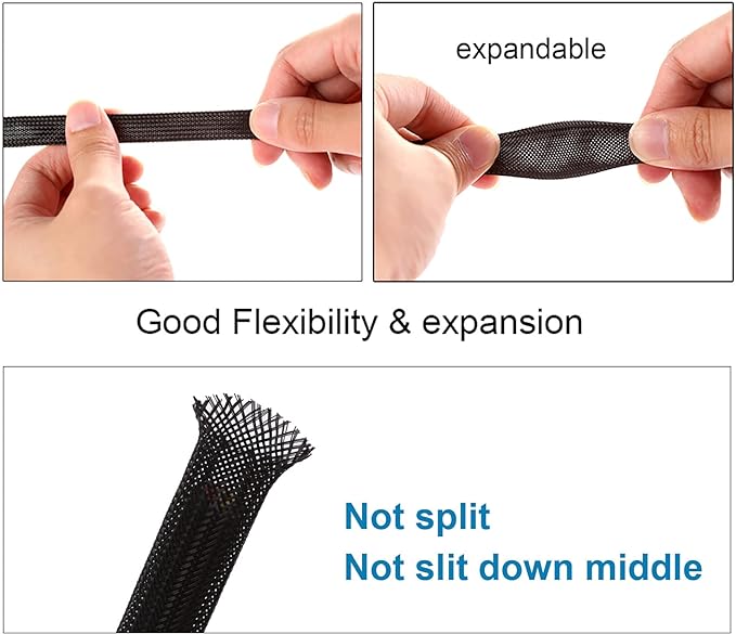 25ft - 1.25 inch PET Expandable Braided Sleeving – Black – Alex Tech Braided Cable Sleeve