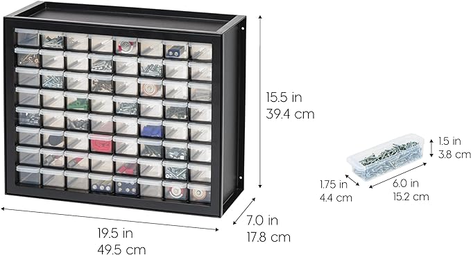 IRIS USA Bead Organizer Drawers, 64-Drawer, Screw Tool Electronics Hardware Nuts and Bolts Plastic Garage Storage Cabinet Bin, Stackable Craft Supply Building Bricks Sorter Teacher Tool Box, Black