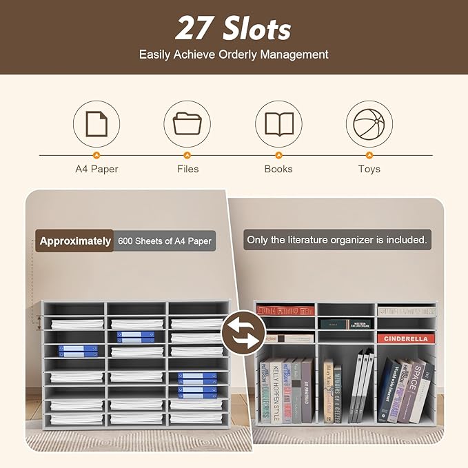 27 Slots Mail Sorters for Office, PVC Literature Organizer with Removable Shelves, Door-Less Mail Center Paper Storage Cabinet for Files Magazines Documents, 9.8 * 2.2in Each Slot (27 Slots - White)