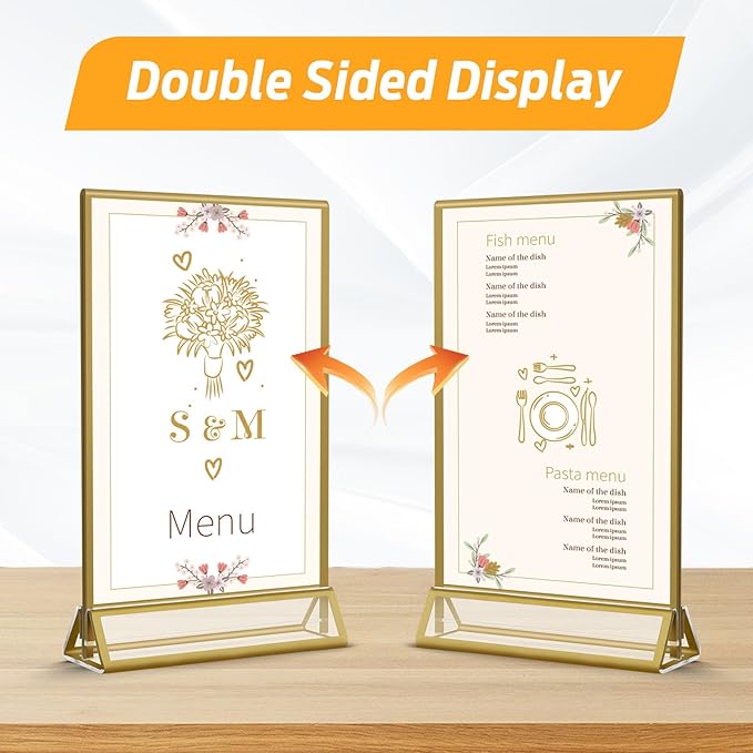Smarpau 4x6 Gold Acrylic Sign Holder Table Number Holders 8 Pack Vertical Double Sided Clear Picture Frames for Wedding Flyer Display Stands Table Menu Holders