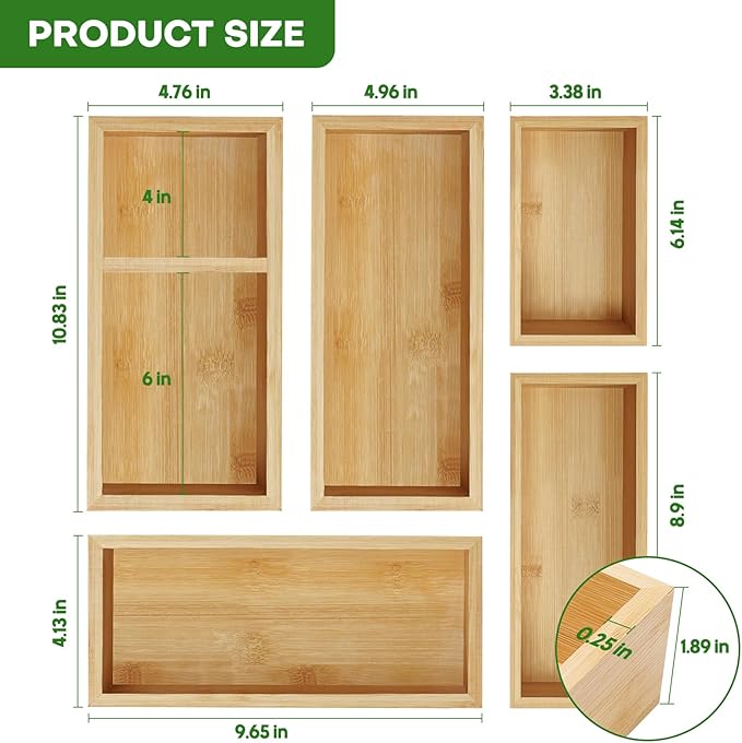 Bamboo Drawer Organizer Set, 5 PCS Multi-Use Individual Wood Storage Organizers, Junk Drawer Divider and Storage Trays Containers for Kitchen, Bathroom, Office Desk, Makeup, Jewelry, Utensils