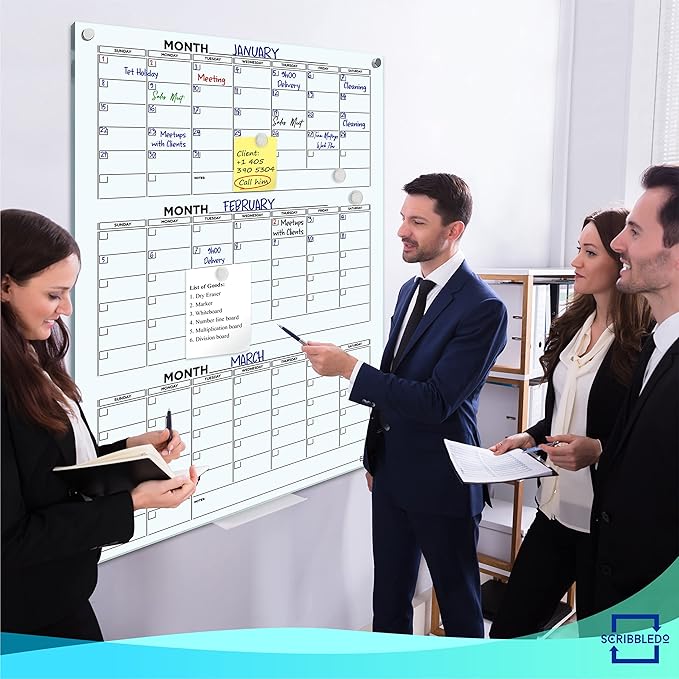 Glass Whiteboard Calendar 34x46” Quarterly Planner White Board Dry Erase Board 3 Month for Wall Glass Whiteboard Home Office Large Wall Calendar & Marker Tray