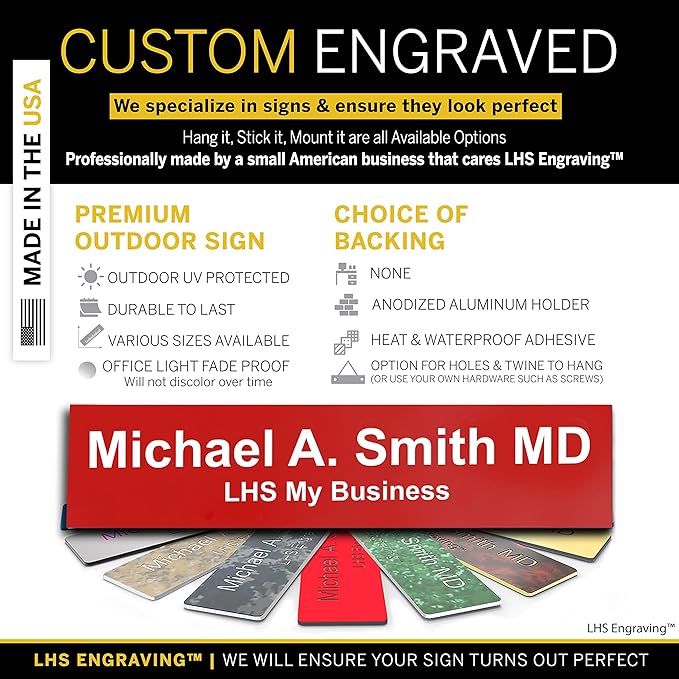 Custom Name Plate with Choice of Mounting for Walls, Doors, Cubicles, Hanging and More - Personalized Red Plastic White Letters - USA Made 2x12 - B7