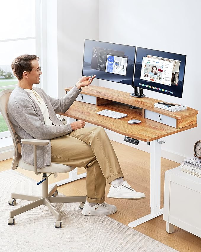 HUANUO 60″ x 30″ Electric Standing Desk with 2 Drawers, C-Clamp Mount Compatible, Height Adjustable Computer Desk, Home Office Stand Up Desk with 4 Preset Heights & 2 Hooks, Light Vintage