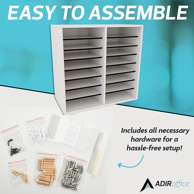 AdirOffice Wooden Adjustable organizerserature Organizer, 16 Compartment Office Mailbox, or Classroom Literature Organizer, White