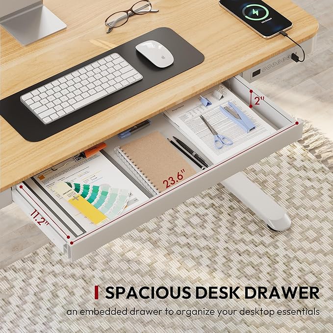 Standing Desk with Drawer, Electric Height Adjustable Home Office Desk with Storage & USB Ports, 55 inch Maple Wood Tabletop/White Frame