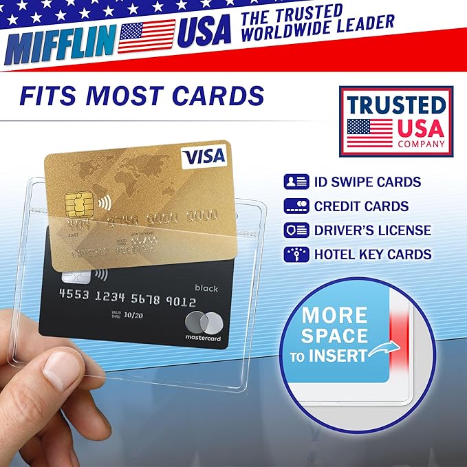 Mifflin-USA Card Protector (4x3 Inch, Clear, Bulk 50 Pack) Quick Load Horizontal No Zipper Name ID Badge Holder