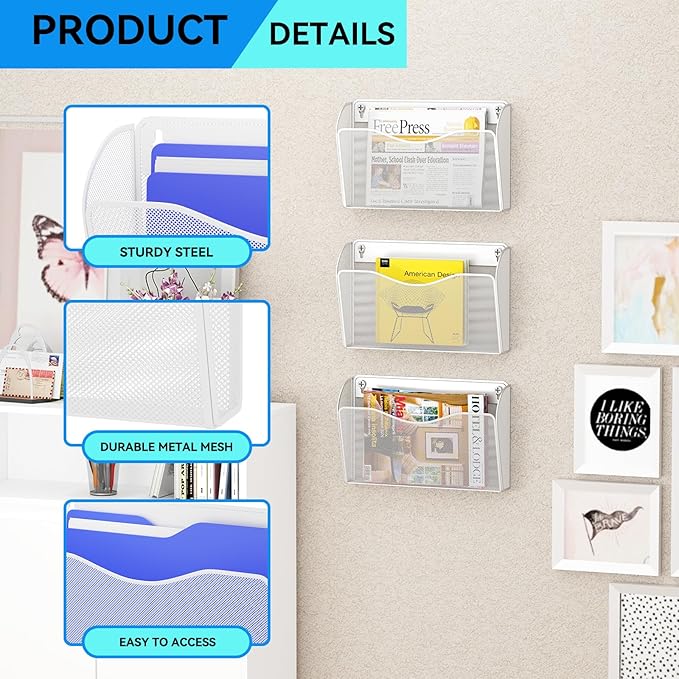 GDINDINFAN 3 Single Pocket Wall File Holder, Mesh Hanging File Folder Paper Organizer, Vertical Wall Mounted Mail Basket, Storage Organization Magazine Rack for Office, Home and School, White