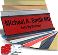 Personalized Name Plate with Choice of Mounting Holders for Walls, Doors, Cubicles, Hanging and More - Custom Red Plastic Black Letters - USA Made 2x10 - B14