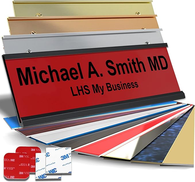Personalized Name Plate with Choice of Mounting Holders for Walls, Doors, Cubicles, Hanging and More - Custom Red Plastic Black Letters - USA Made 2x6 - B14