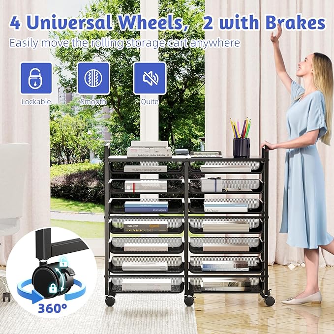 Simple Trending Rolling File Storage Cart, 15-Tier Metal Desk File Organizer with 14 Mesh Sliding Trays, Multi-Functional Clutter Cart for Office Home School, Black