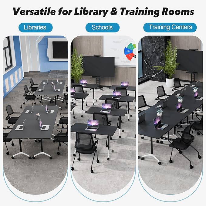 Goakwwuz Conference Room Table, Folding Conference Tables,Thicken Grey Tabletop,Flip Top Wooden Seminar Meeting Room Table for Conference Room Offices (2, Black, 61.0“)