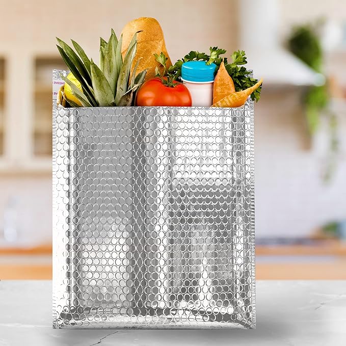 Amiff Silver Thermal Bubble Mailer, 15 x 17 Inches. 100 Pack Metallic Bubble Mailers. Self-Seal Insulated Mailers for Cold Shipping. Padded Envelopes Waterproof. Thermal Bag for Food, Cosmetics