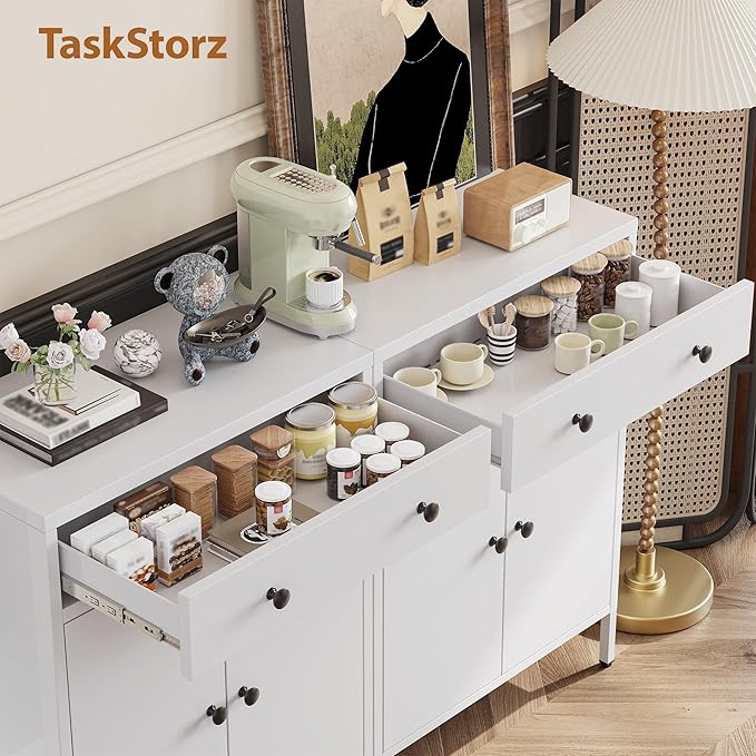 TaskStorz Metal Storage Cabinet with Drawer and Adjustable Shelf, White Steel Sideboard Buffet Cabinet, 35.4" H Coffee Bar Cabinet for Kitchen, Dining Room, Entryway
