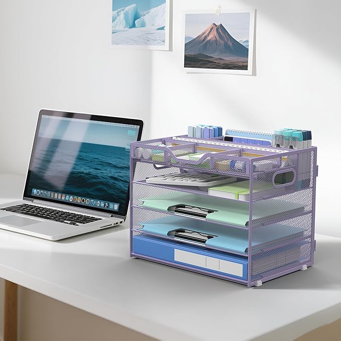 Docnest 5 Tier Mesh Desk Organizer- Letter Tray with Adjustable Compartments, Mesh Desktop Storage Built in Pen Holder and Handles, Desk Organizer Tray for Mail Documents Office Supplies–Purple